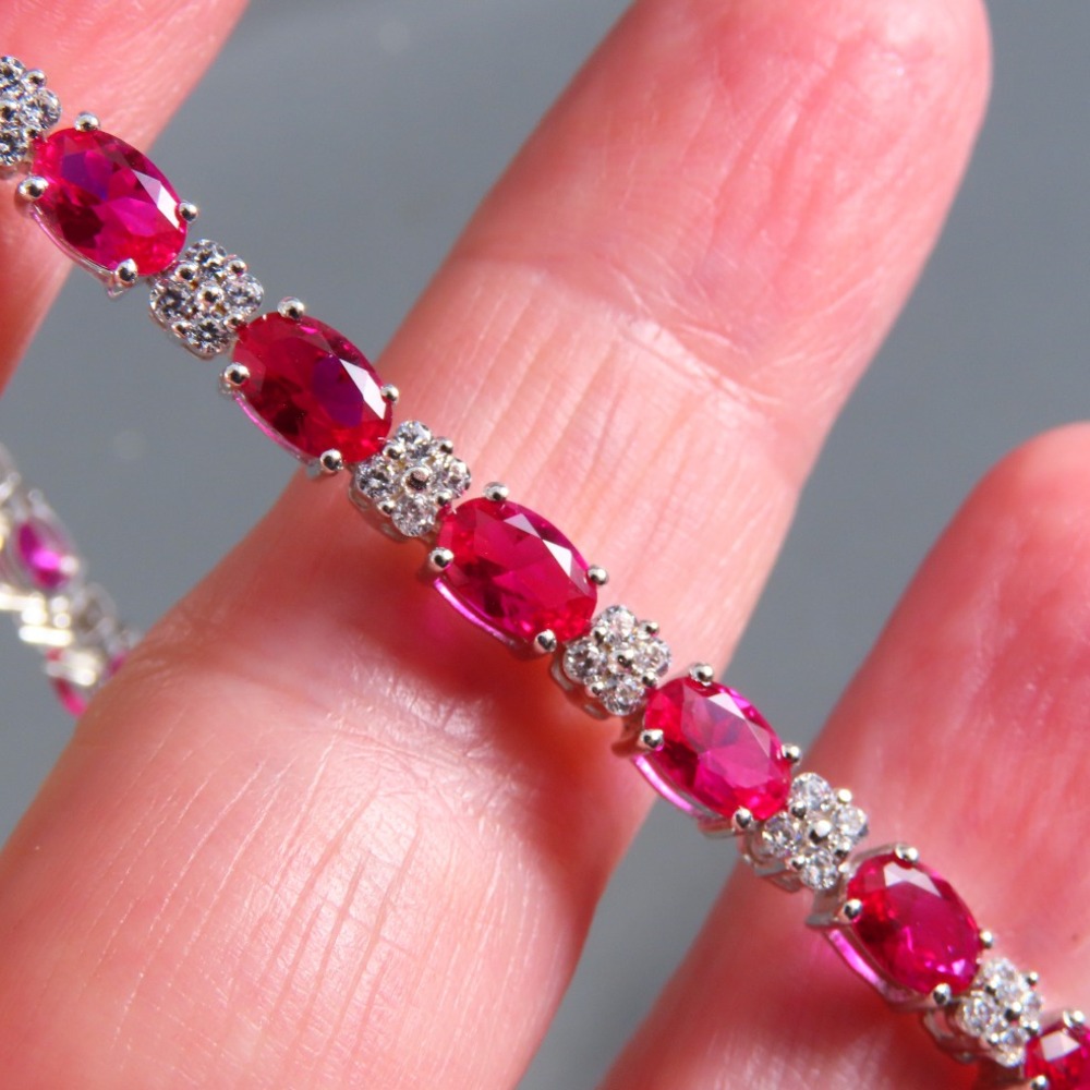 STERLING SILVER Tennis Bracelet FUCHSIA PINK SAPPHIRES Lab-Created w/Topaz Trim - Picture 2 of 9